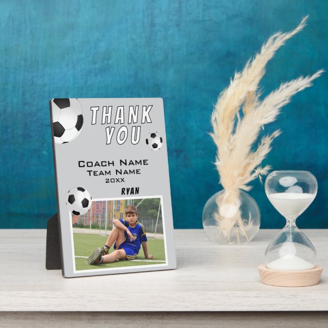 Placa Expositora Entrenador deportivo de la pelota de fútbol gris G (Lado)