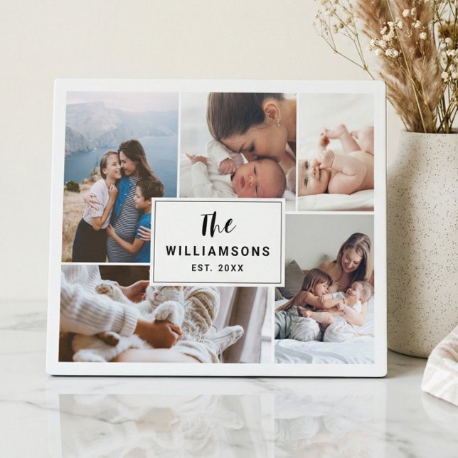 Placa Expositora Establecimiento de Collage de fotos múltiple famil (Modern Minimal Family Photo Collage Keepsake Plaque)