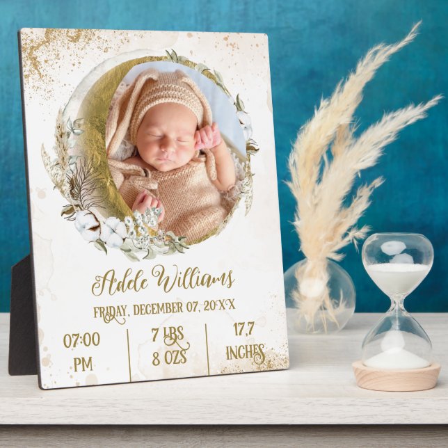 Placa Expositora Estadísticas de nacimiento de bebé con luna boho d (Lado)