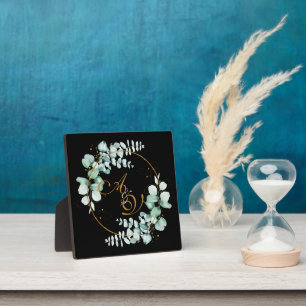 Placa Expositora Eucalipto y oro sobre boda personalizado negro