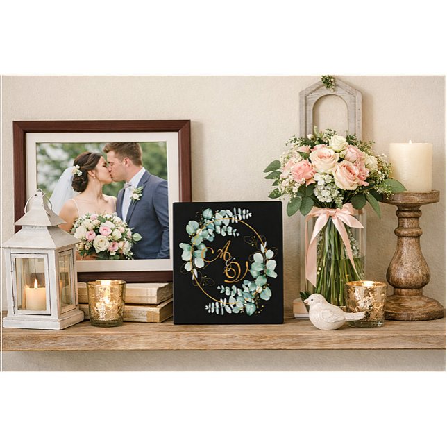 Placa Expositora Eucalipto y oro sobre negro boda personalizada (Subido por el creador)