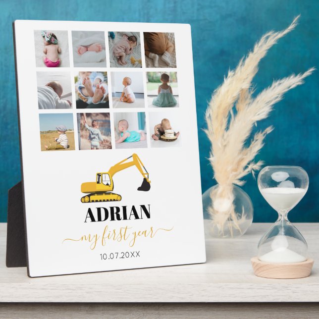 Placa Expositora Excavator Truck Baby Primer Año Collage de fotos (Lado)