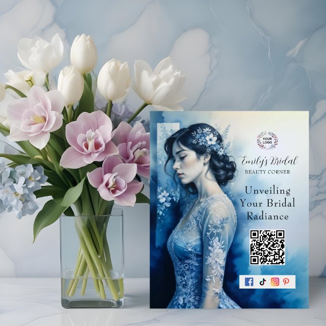 Placa Expositora Exquisite Beautiful Bride In Blue Bridal Business (Exquisite Beautiful Bride In Blue For Bridal Business Plaque with QR Code and Network Icons.)