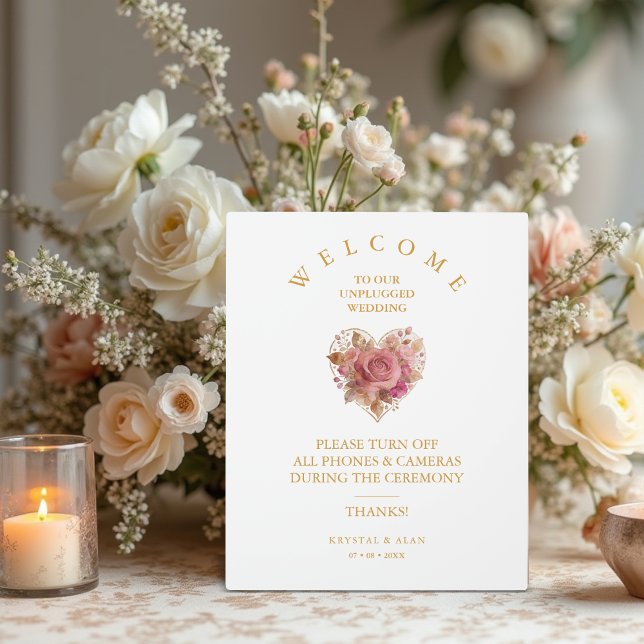 Placa Expositora Exquisite Pink Floral Heart Unplugged Wedding (Exquisite Pink Shades Floral Heart For Unplugged Wedding Ceremony Plaque.)