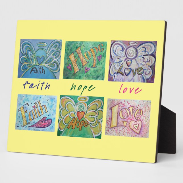 Placa Expositora Faith, Hope, Love Angel Word Collage Poem Plaque (Lado)