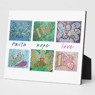 Placa Expositora Faith, Hope, Love Angel Word Collage Poem Plaque