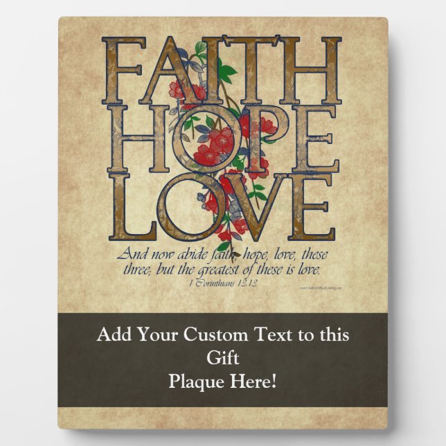 Placa Expositora Faith Hope Love Christian Bible Verse (Frente)