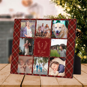 Placa Expositora Familia 8 foto collage monograma nombre plaid rojo