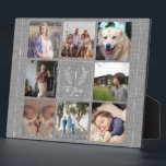 Placa Expositora Familia 8 foto nombre de monograma monograma rústi<br><div class="desc">Monograma personalizado y nombre con familia establecido año 8 foto cuadrícula rústica casa de campo elegante burlap keepsake color gris foto plantilla de marco de la placa.        Un regalo reflexivo para Navidades,  aniversario familiar o Día de Acción de Gracias.</div>