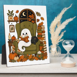 Placa Expositora Fantasma Lindo Leyendo Libro Gato Negro Otoño Cala