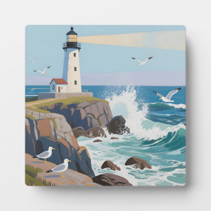 Placa Expositora Faro Costero Olas del Océano Gaviotas
