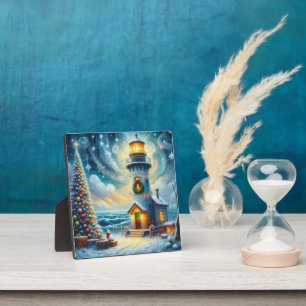 Placa Expositora Faro de árbol de navidad azul costero náutico