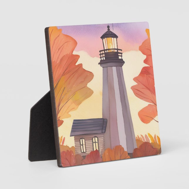 Placa Expositora Faro de otoño | Acuarela de follaje otoñal (Anverso)