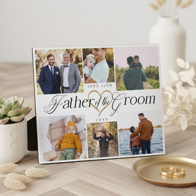 Placa Expositora Father of the Groom Heart Then Now Photo Collage (Father of the Groom Heart Then Now Photo Collage Plaque)