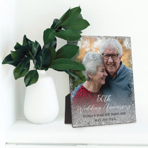 Placa Expositora Faux Silver Glitter 50th Wedding Anniversary