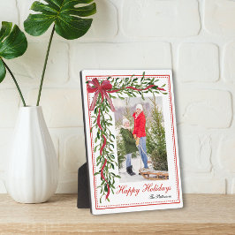 Placa Expositora Felices fiestas Mistletoe Red Bow Family Photo