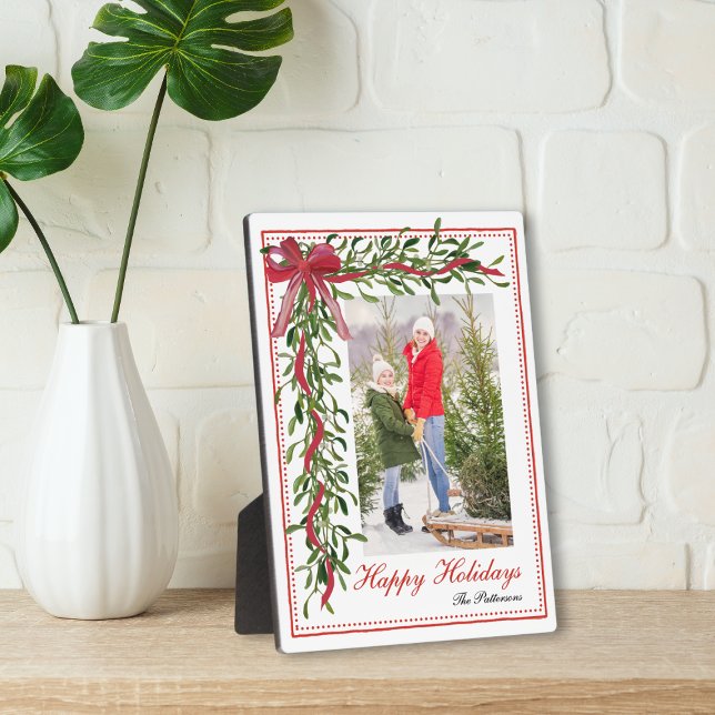 Placa Expositora Felices fiestas Mistletoe Red Bow Family Photo (Subido por el creador)