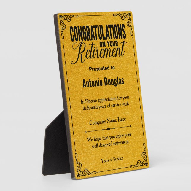 Placa Expositora Felicidades por tu oro y negro de retiro (Lado)