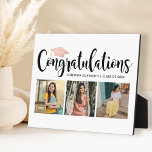 Placa Expositora Felicidades Rose Gold 3 Foto Graduación<br><div class="desc">Una hermosa placa de graduación con un titular de Felicidades en letra cursiva con un acento de gorra de graduación en rose gold, el nombre del graduado, año de clase y tres fotos de último año en un fondo blanco limpio. Un recuerdo femenino y pulido perfecto para exhibir en una...</div>