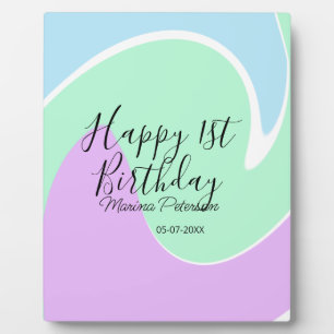 Placa Expositora Feliz 1er cumpleaños rosa verde azul acrílico derr