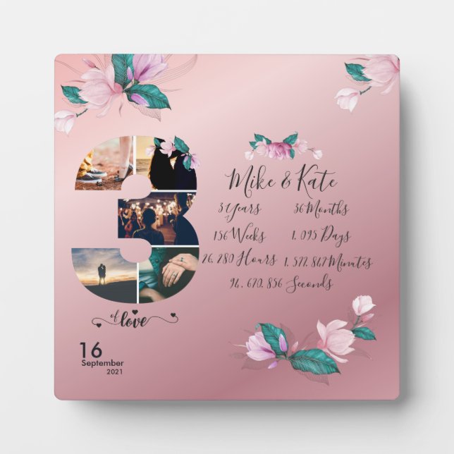 Placa Expositora Feliz 3° aniversario, collage de fotos Personaliza (Frente)