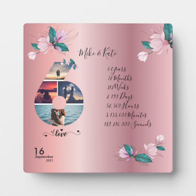 Placa Expositora Feliz 6° aniversario, Personalizado collage de fot (Frente)