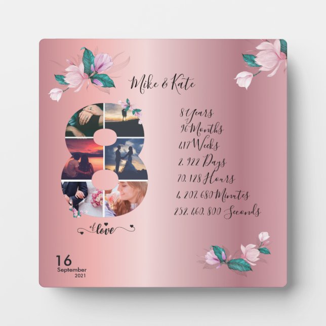 Placa Expositora Feliz 8° Aniversario, Personalizado collage de fot (Frente)