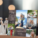 Placa Expositora Feliz año tras 5° aniversario de Boda foto<br><div class="desc">Placa fotográfica del Aniversario del boda que puedes personalizar para cualquier año y 5 de tus fotos favoritas. El texto dice "# años para nuestro feliz siempre después" y la plantilla está preparada para que usted añada el año del aniversario, su nombre y fecha establecidos. El diseño tiene un estilo...</div>