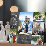 Placa Expositora Feliz año tras año<br><div class="desc">Placa fotográfica del Aniversario del boda que puedes personalizar para cualquier año y 5 de tus fotos favoritas. El texto dice "# años para nuestro feliz siempre después" y la plantilla está preparada para que usted añada el año del aniversario, su nombre y fecha establecidos. El diseño tiene un aspecto...</div>