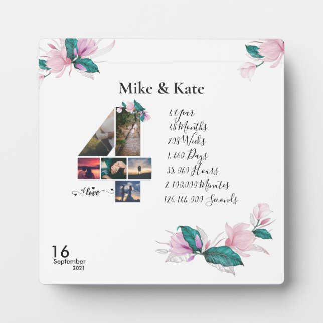 Placa Expositora Feliz cuarto aniversario, collage de fotos Persona (Frente)