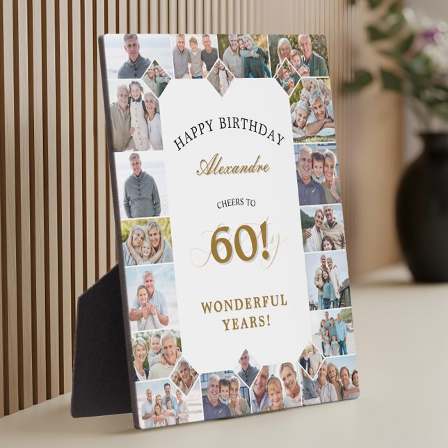 Placa Expositora Feliz cumpleaños 60 personalizado Collage de fotos (Happy Birthday Cheers To 60 Years Photo Collage Plaque)