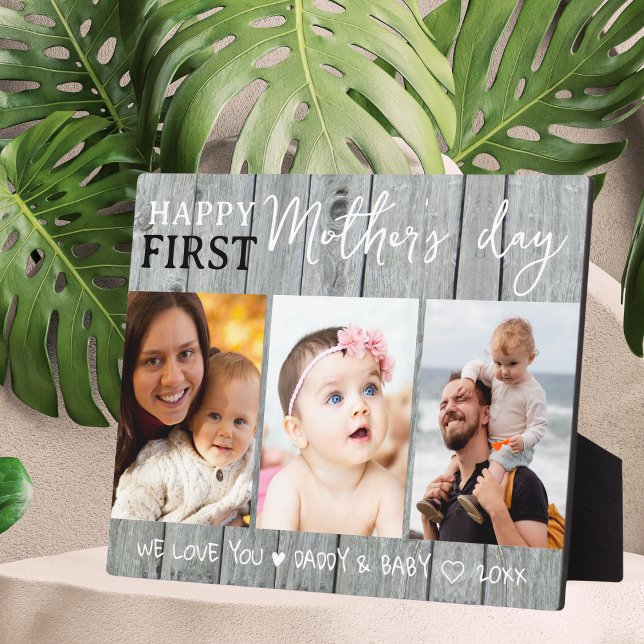 Placa Expositora Feliz Día de la Madre 3 Collage de fotos Madera Gr (Happy 1st Mother's Day 3 Photo Collage Gray Wood Plaque
)