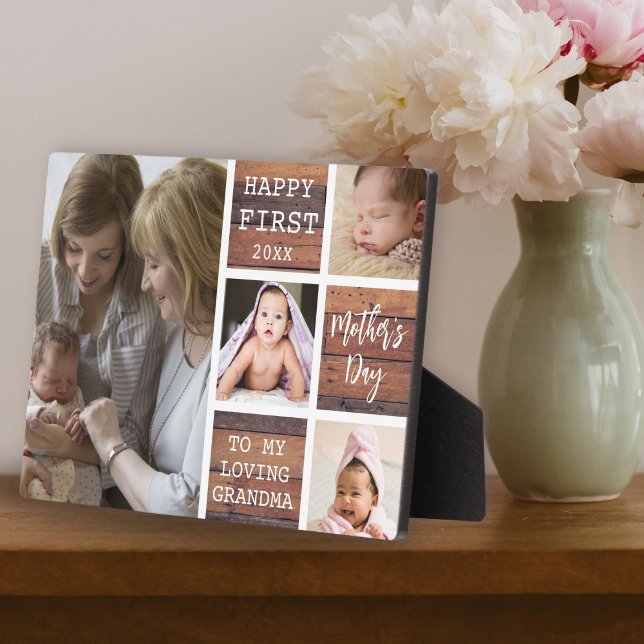 Placa Expositora Feliz Día de la Madre Abuela 4 Foto Madera (Happy First Mother's Day Grandma 4 Photo Wood Plaque
)