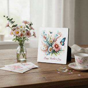 Placa Expositora Feliz Día de la Madre floral rosa y azul