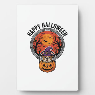 Placa Expositora Feliz Halloween Bulldog Bruja Calabaza Camiseta Vi