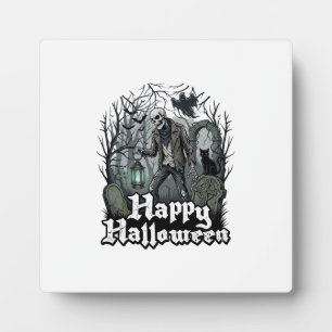 Placa Expositora Feliz Halloween Esqueleto Linterna Gato Negro Grav