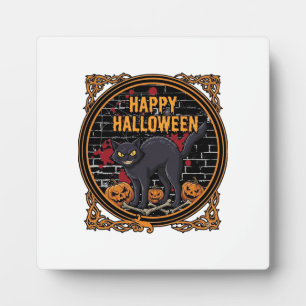 Placa Expositora Feliz Halloween Gato Negro Calabazas Huesos_1
