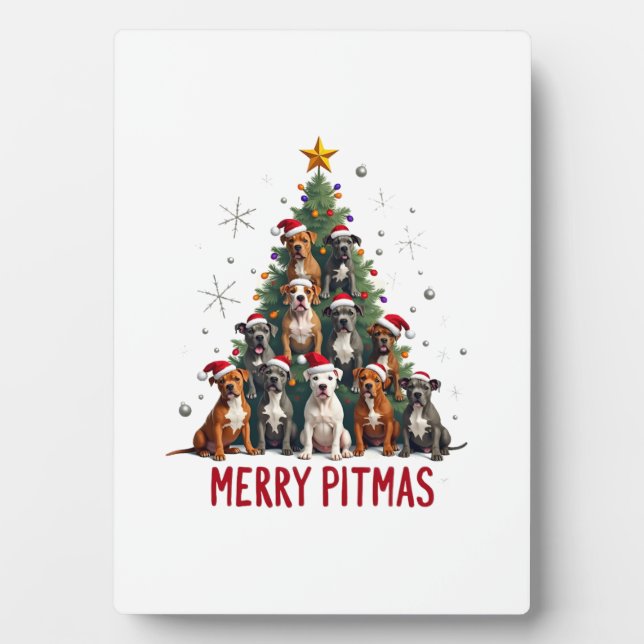 Placa Expositora Feliz Pitmas Pitbull Perro Suéter Feo De Navidad T (Frente)