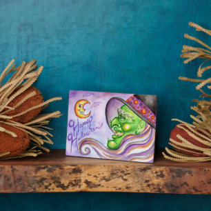 Placa Expositora Feliz Rótulo de Halloween Green Witch