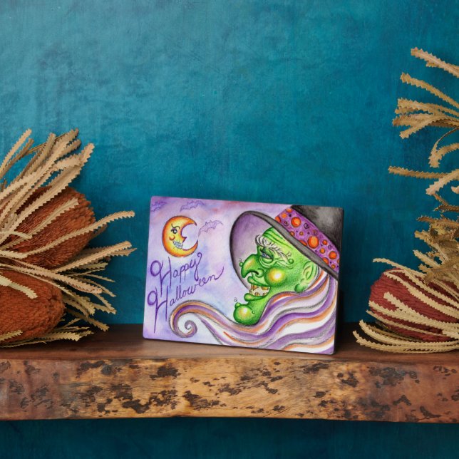 Placa Expositora Feliz Rótulo de Halloween Green Witch (Lado)