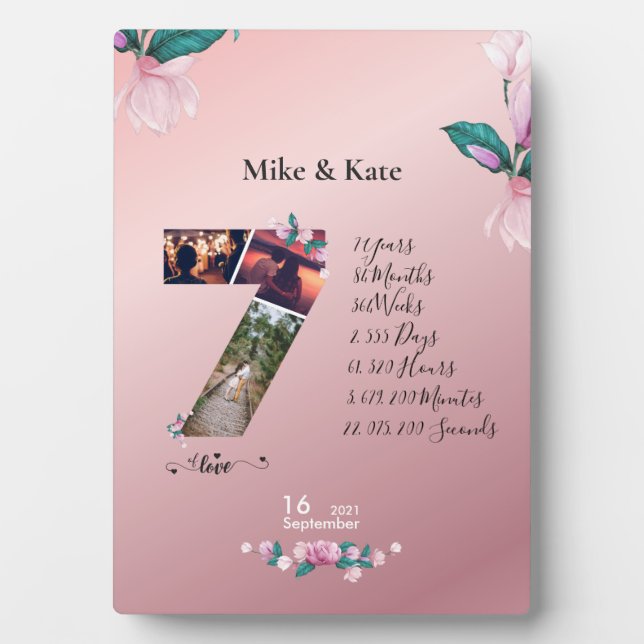 Placa Expositora Feliz sétimo aniversario, Personalizado collage de (Frente)