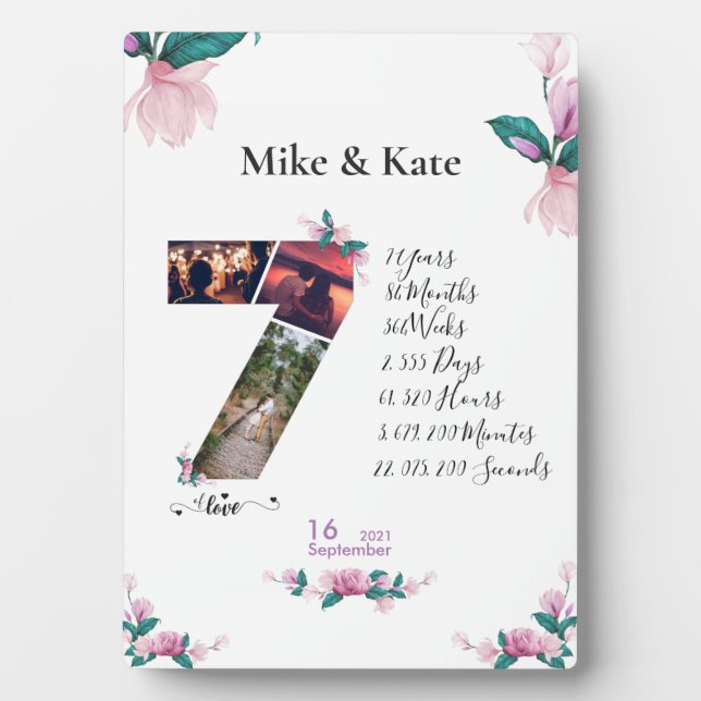 Placa Expositora Feliz sétimo aniversario, Personalizado collage de (Frente)