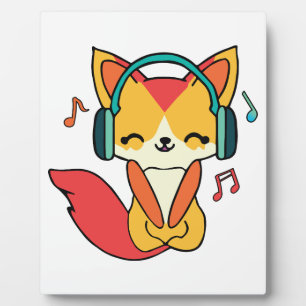 Placa Expositora Feliz zorro con auriculares escuchando música.