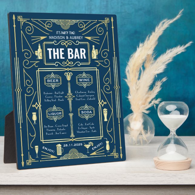Placa Expositora Fiesta Art Deco Boda Gold Blue Open Bar (Lado)