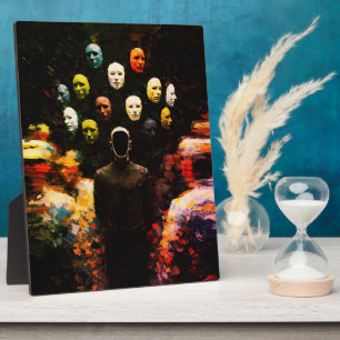 Placa Expositora Figura sin rostro rodeada de caras enmascaradas Im