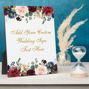 Placa Expositora Floral Burgundy Blue Boda su tabla de texto