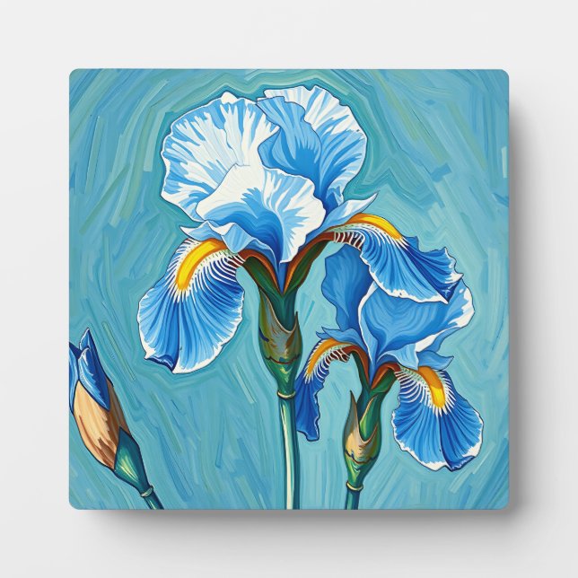 Placa Expositora Flores de Iris Azul Patrón Artístico (Frente)