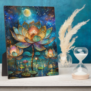 Placa Expositora Flores de Lotus de vidrio manchado en la luna