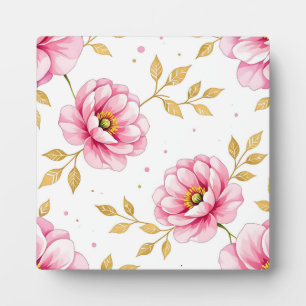 Placa Expositora Flores de Peonía Rosa con Patrón de Hojas Doradas