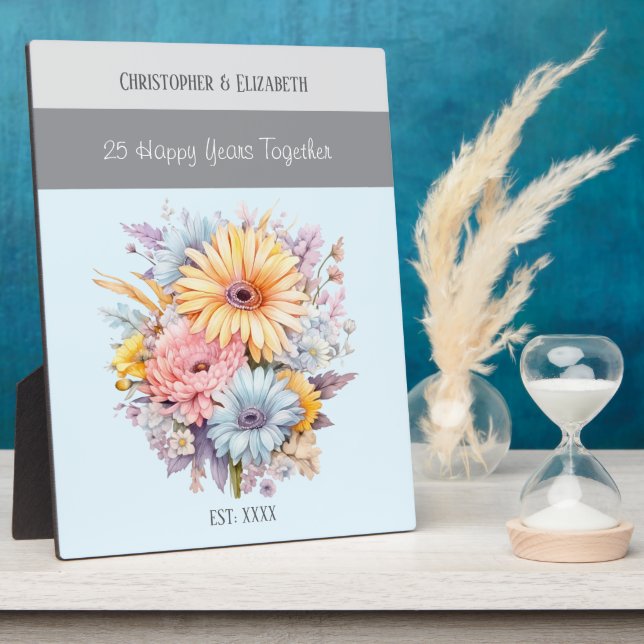 Placa Expositora Flores para aniversario de bodas de plata nombres  (Lado)